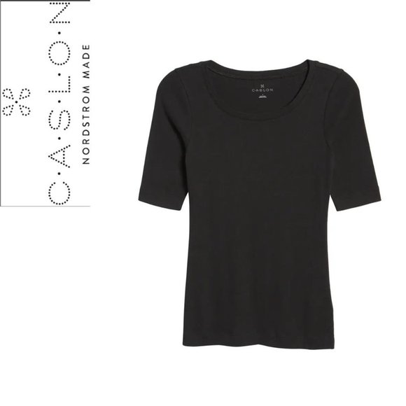 NEW Ballet Neck Cotton & Modal Knit Elbow Sleeve Tee CASLON® Black Small - Picture 5 of 7